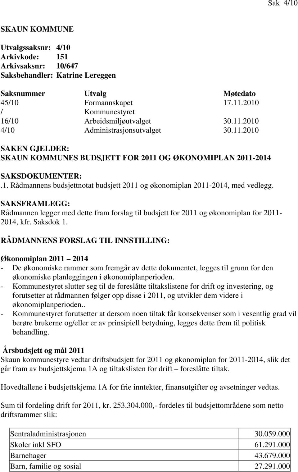 SAKSFRAMLEGG: Rådmannen legger med dette fram forslag til budsjett for 2011 og økonomiplan for 2011-2014, kfr. Saksdok 1.