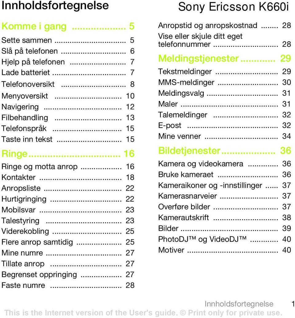 .. 25 Flere anrop samtidig... 25 Mine numre... 27 Tillate anrop... 27 Begrenset oppringing... 27 Faste numre... 28 Sony Ericsson K660i Anropstid og anropskostnad.