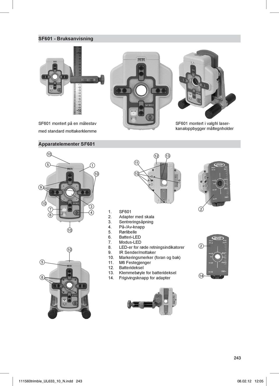 Rørlibelle 6. Batteri-LED 7. Modus-LED 8. LED-er for røde retningsindikatorer 9. IR Sender/mottaker 10. Markeringsmerker (foran og bak) 11.