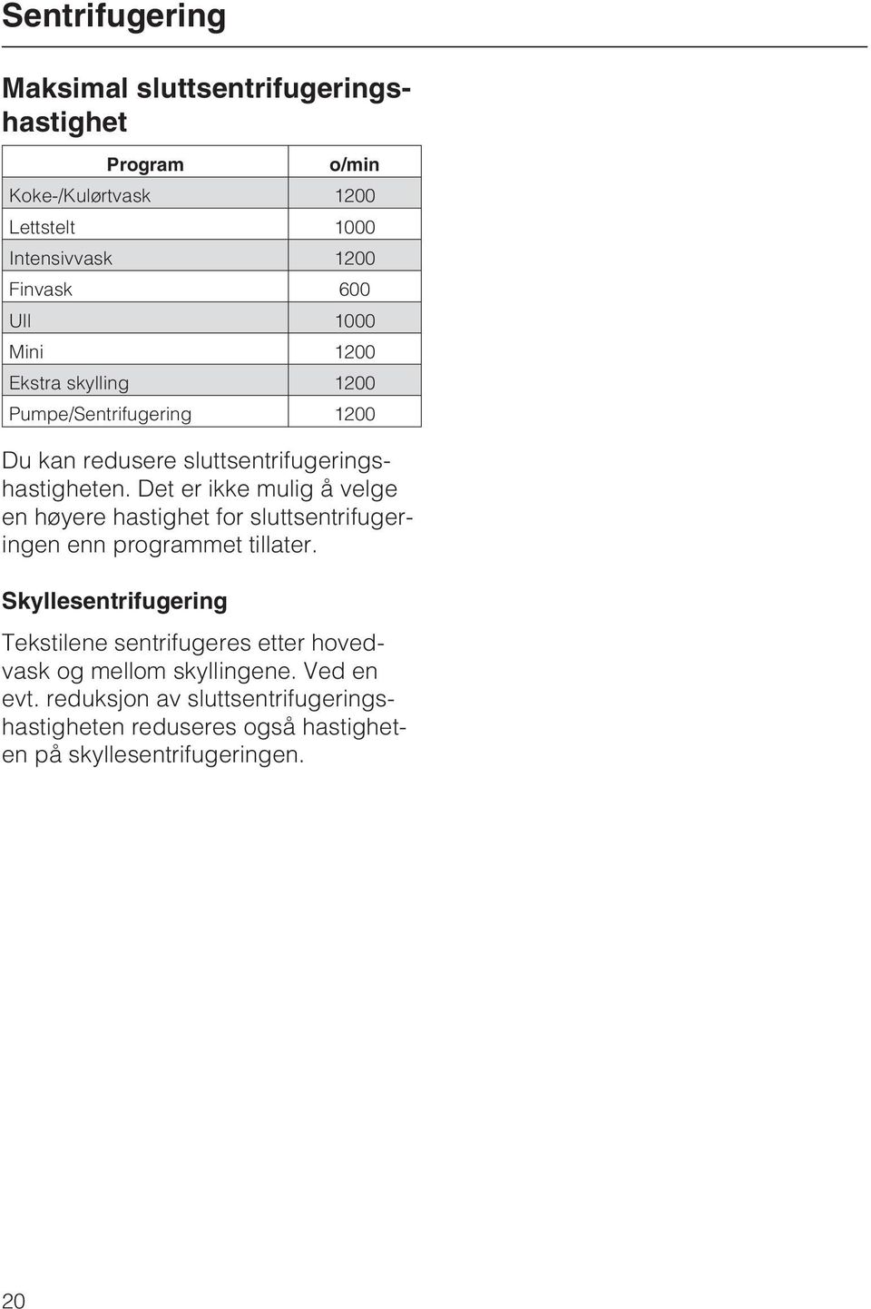 Det er ikke mulig å velge en høyere hastighet for sluttsentrifugeringen enn programmet tillater.