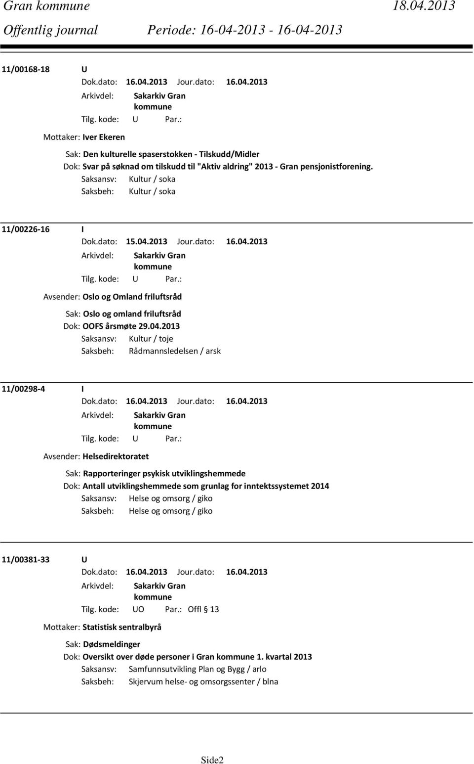 2013 Saksansv: Kultur / toje Saksbeh: Rådmannsledelsen / arsk 11/00298 4 I Avsender: Helsedirektoratet Sak: Rapporteringer psykisk utviklingshemmede Dok: Antall utviklingshemmede som grunlag for