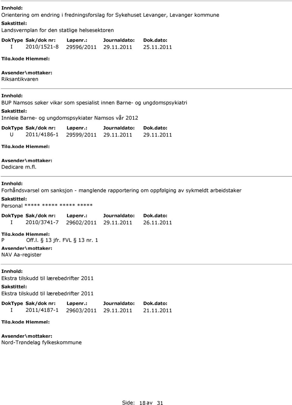 2011 Riksantikvaren BP Namsos søker vikar som spesialist innen Barne- og ungdomspsykiatri nnleie Barne- og ungdomspsykiater Namsos vår 2012 2011/4186-1 29599/2011