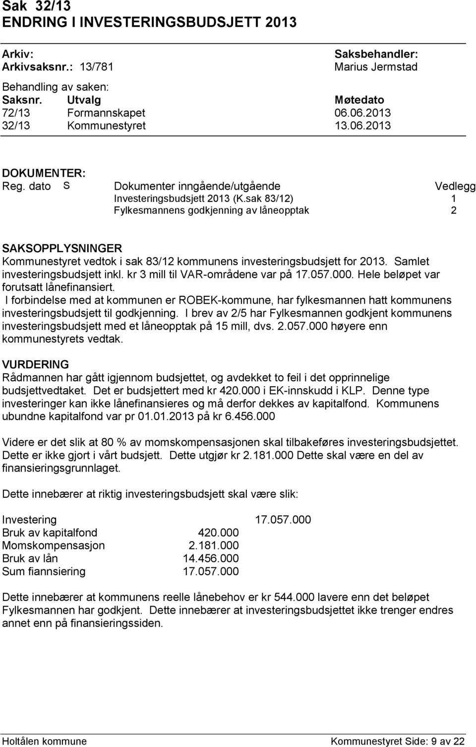 sak 83/12) Fylkesmannens godkjenning av låneopptak 1 2 SAKSOPPLYSNINGER Kommunestyret vedtok i sak 83/12 kommunens investeringsbudsjett for 2013. Samlet investeringsbudsjett inkl.