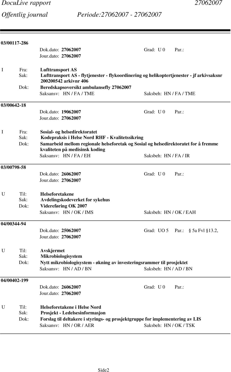 HN / FA / TME Saksbeh: HN / FA / TME 03/00642-18 Dok.dato: 19062007 Grad: U 0 Par.