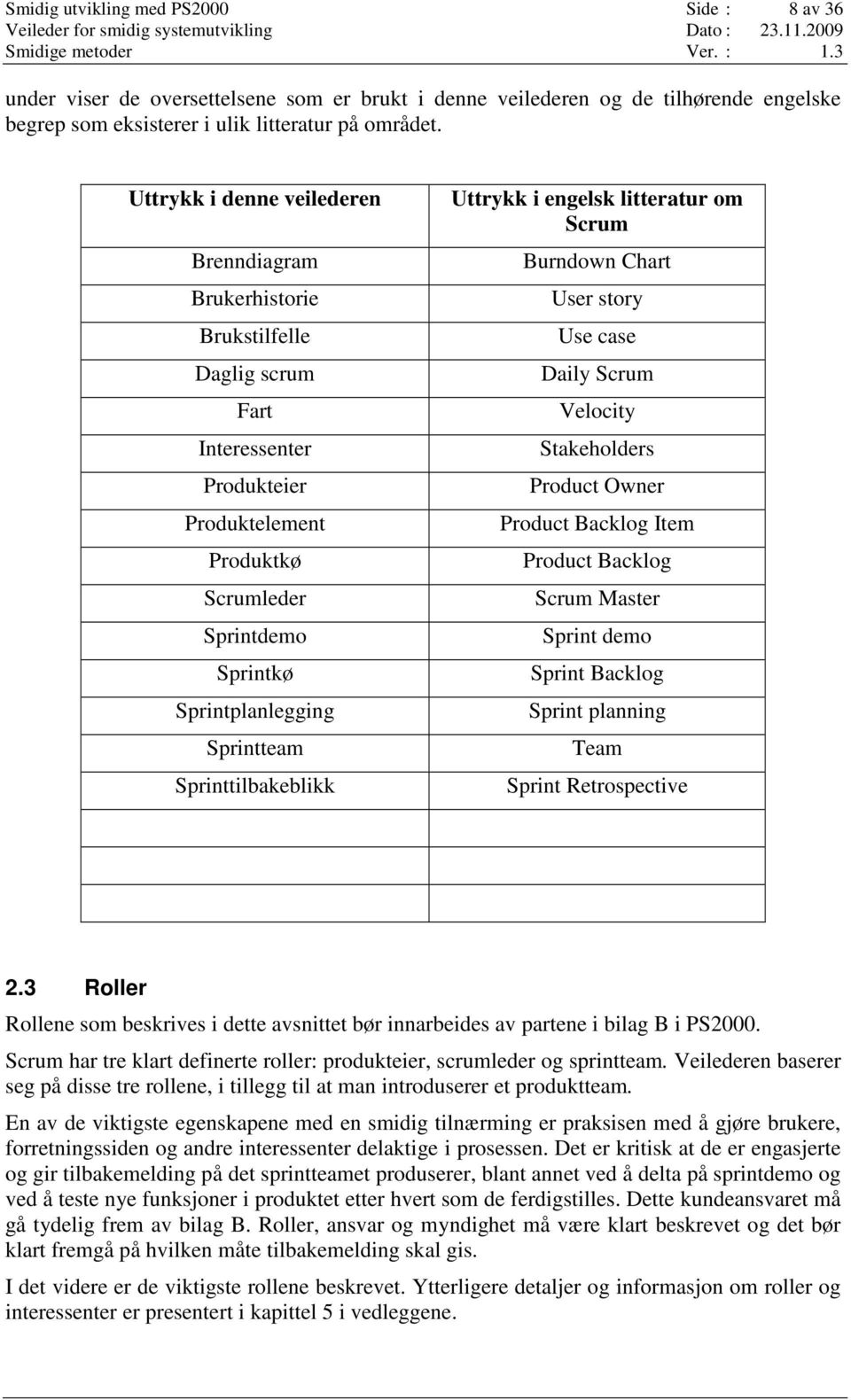 Uttrykk i denne veilederen Brenndiagram Brukerhistorie Brukstilfelle Daglig scrum Fart Interessenter Produkteier Produktelement Produktkø Scrumleder Sprintdemo Sprintkø Sprintplanlegging Sprintteam