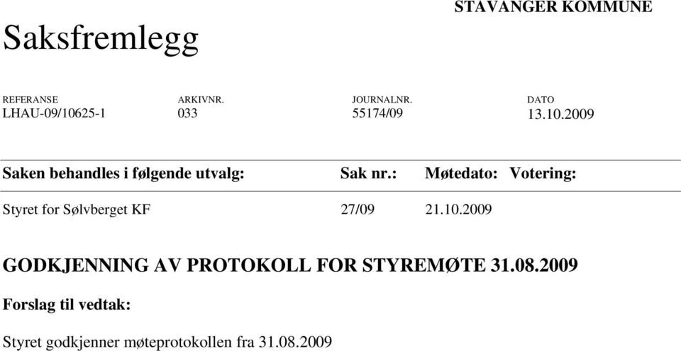 : Møtedato: Votering: Styret for Sølvberget KF 27/09 21.10.