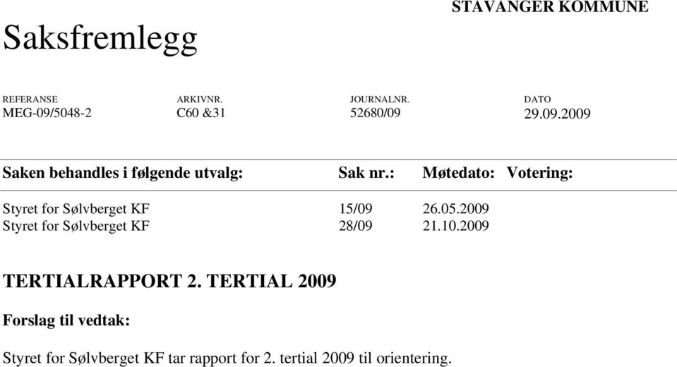 : Møtedato: Votering: Styret for Sølvberget KF 15/09 26.05.