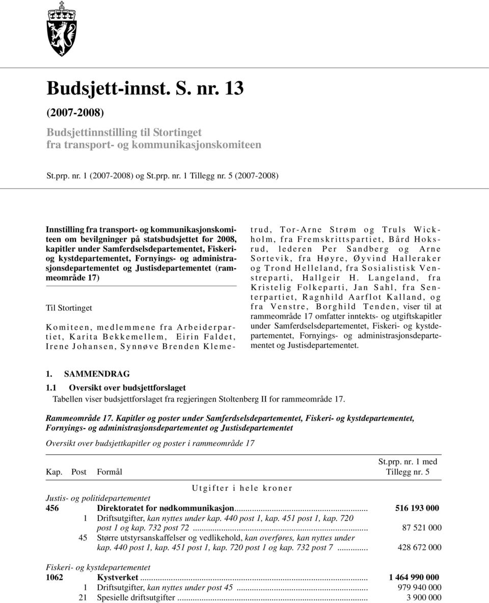 administrasjonsdepartementet og Justisdepartementet (rammeområde 17) Til Stortinget Komiteen, medlemmene fra Arbeiderpartiet, Karita Bekkemellem, Eirin Faldet, Irene Johansen, Synnøve Brenden