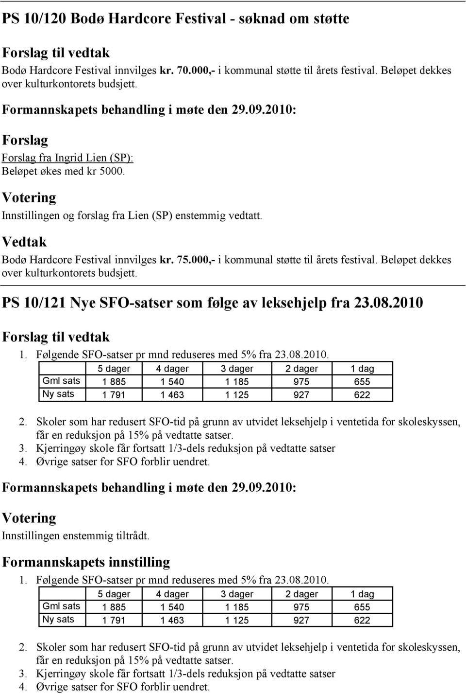 000,- i kommunal støtte til årets festival. Beløpet dekkes over kulturkontorets budsjett. PS 10/121 Nye SFO-satser som følge av leksehjelp fra 23.08.2010 1.