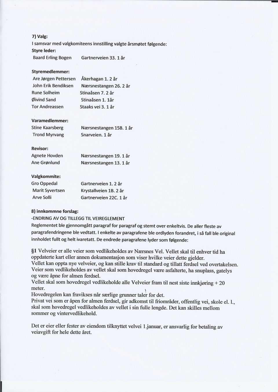 1 år Varamedlemmer: Stine Kaarsberg Trond Myrvang Nærsnestangen Snarveien. 1 år 15B. 1 år Revisor: Agnete Hovden Ane Grønlund Nærsnestangen Nærsnestangen 19. 1 år 13.