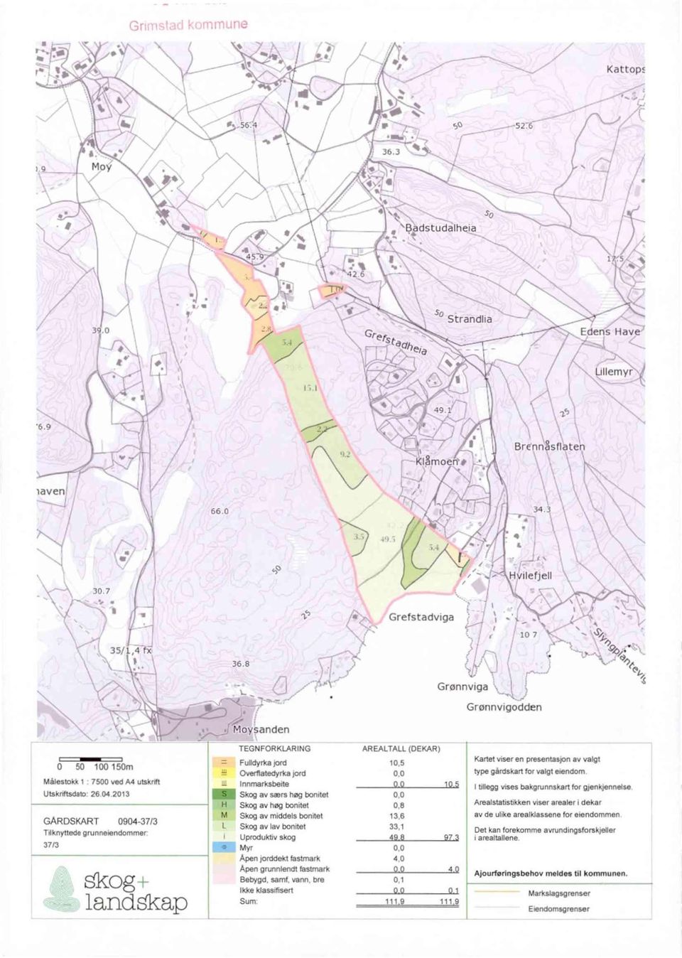 2013 GARDSKART 0904-37/3 Tilknyttede grunneiendommer 37/3 skog+ landskap TEGNFORKLARNG = Fulklyrka jord 111 Overflatedyrka jord 111 nnmerksbeite Skog av sters heg bonitet Skog av heg bonitet 011 P