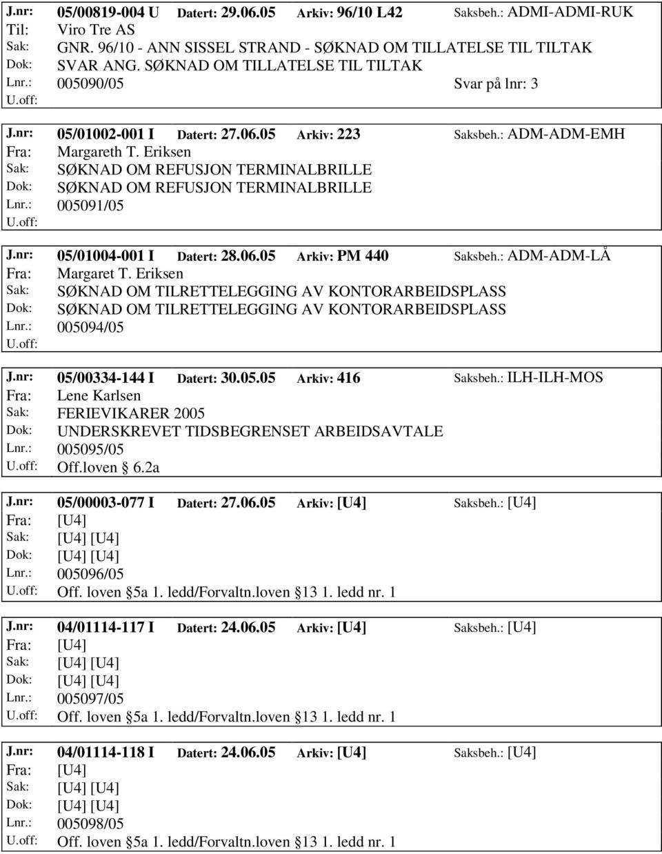 Eriksen Sak: SØKNAD OM REFUSJON TERMINALBRILLE Dok: SØKNAD OM REFUSJON TERMINALBRILLE Lnr.: 005091/05 J.nr: 05/01004-001 I Datert: 28.06.05 Arkiv: PM 440 Saksbeh.: ADM-ADM-LÅ Fra: Margaret T.