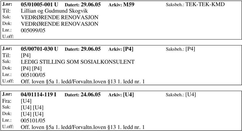 nr: 05/00701-030 U Datert: 29.06.05 Arkiv: [P4] Saksbeh.: [P4] Sak: LEDIG STILLING SOM SOSIALKONSULENT Lnr.