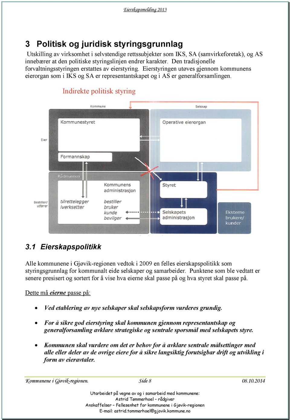 Indirekte politisk styring 3.1 Eierskapspolitikk Alle kommunene i Gjøvikregionen vedtok i 2009 en felles eierskapspolitikk som styringsgrunnlag for kommunalt eide selskaper og samarbeider.