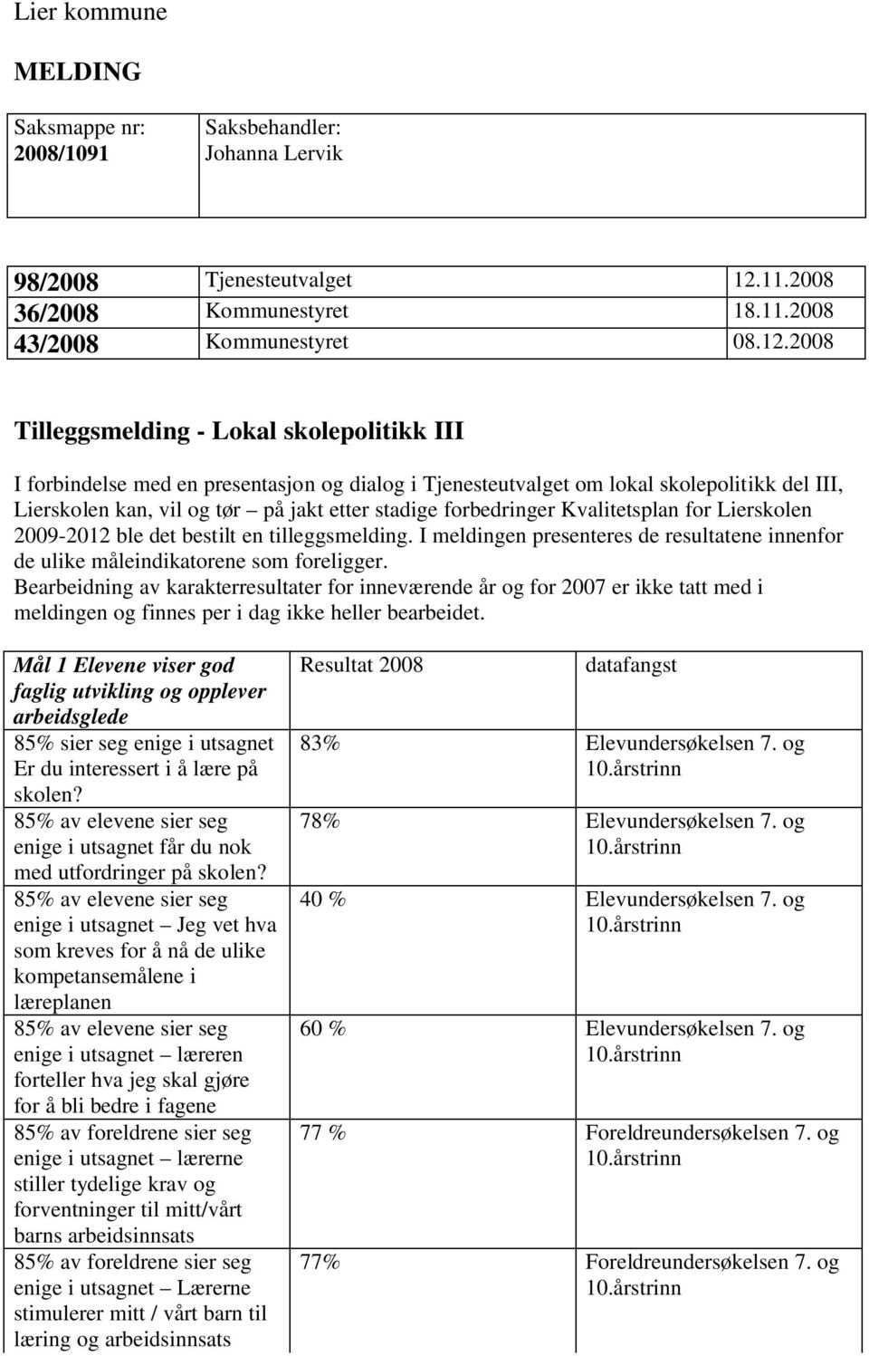 2008 Tilleggsmelding - Lokal skolepolitikk III I forbindelse med en presentasjon og dialog i Tjenesteutvalget om lokal skolepolitikk del III, Lierskolen kan, vil og tør på jakt etter stadige