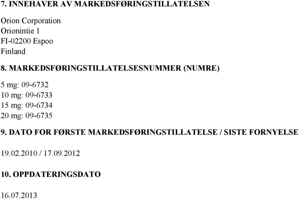 MARKEDSFØRINGSTILLATELSESNUMMER (NUMRE) 5 mg: 09-6732 10 mg: 09-6733 15 mg: