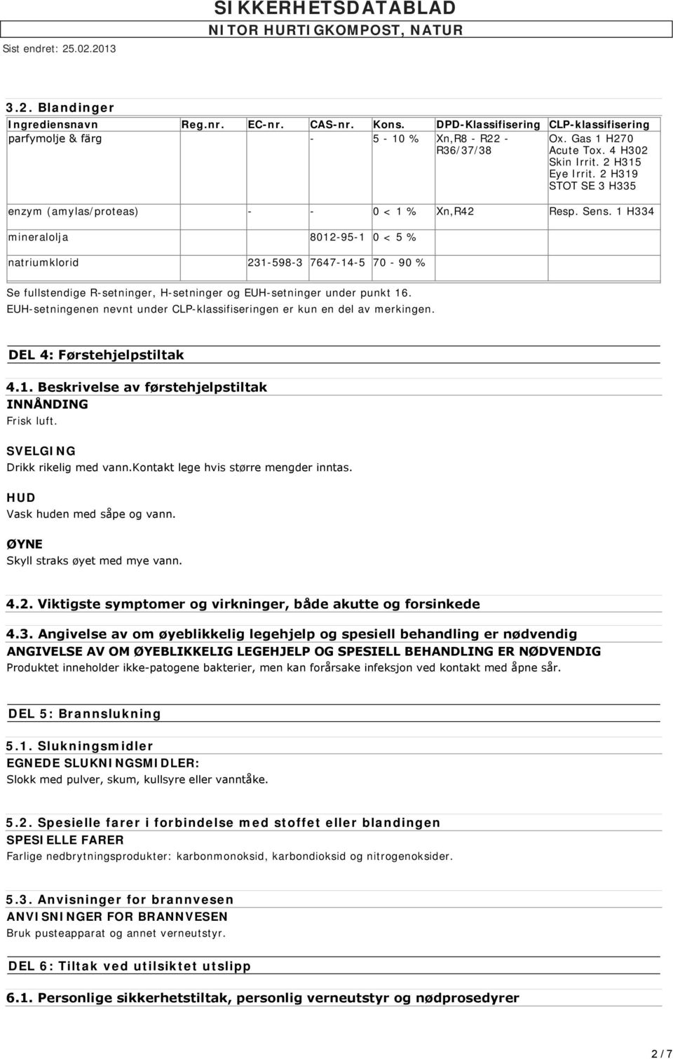 1 H334 mineralolja 8012-95-1 0 < 5 % natriumklorid 231-598-3 7647-14-5 70-90 % Se fullstendige R-setninger, H-setninger og EUH-setninger under punkt 16.