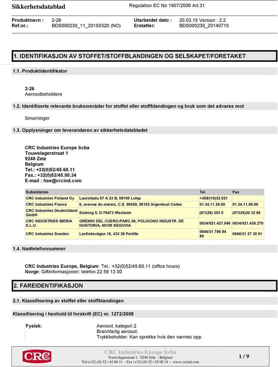 Opplysninger om leverandøren av sikkerhetsdatabladet Touwslagerstraat 1 9240 Zele Belgium Tel.: +32(0)52/45.60.11 Fax.: +32(0)52/45.00.34 E-mail : hse@crcind.