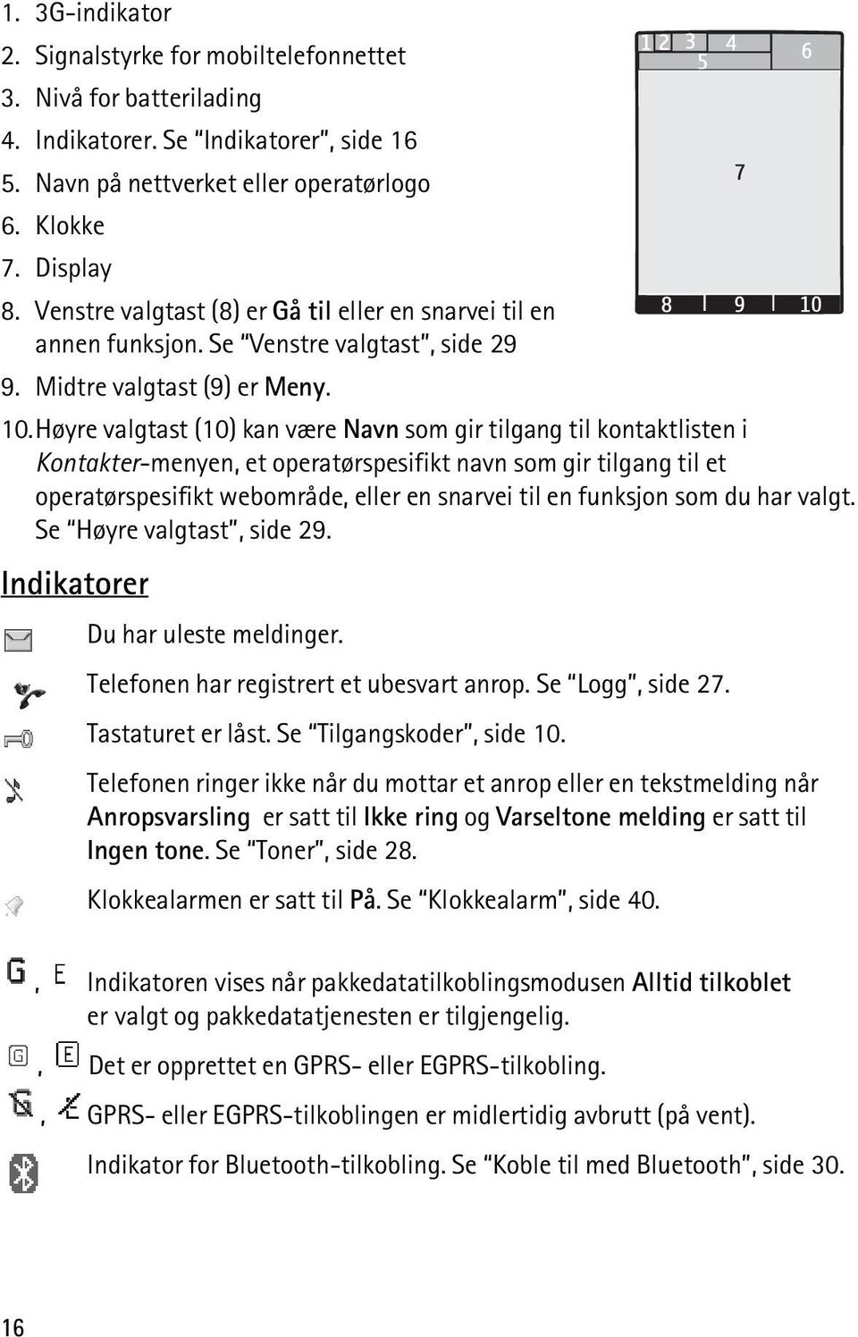 Høyre valgtast (10) kan være Navn som gir tilgang til kontaktlisten i Kontakter-menyen, et operatørspesifikt navn som gir tilgang til et operatørspesifikt webområde, eller en snarvei til en funksjon