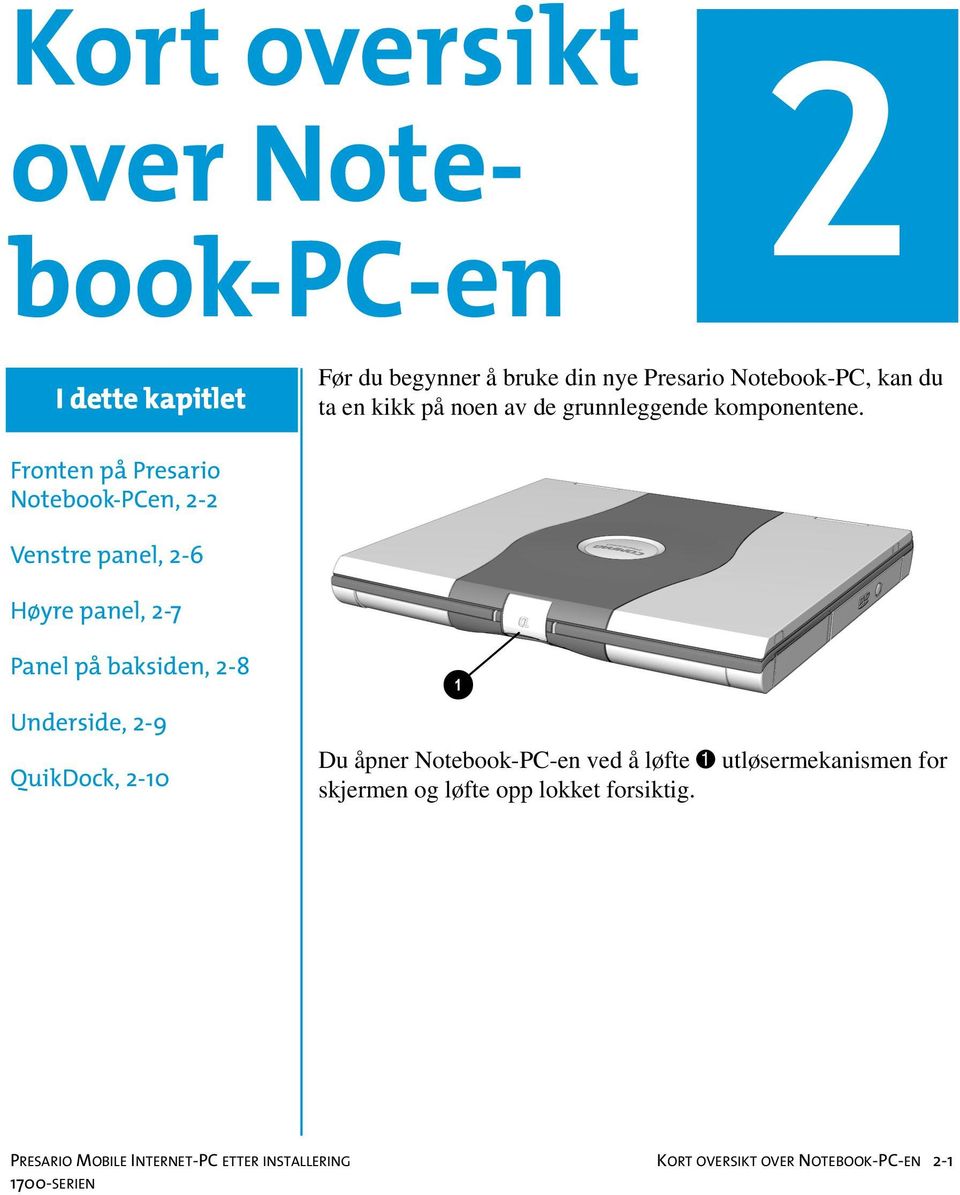 Fronten på Presario Notebook-PCen, 2-2 Venstre panel, 2-6 Høyre panel, 2-7 Panel på baksiden, 2-8 Underside, 2-9