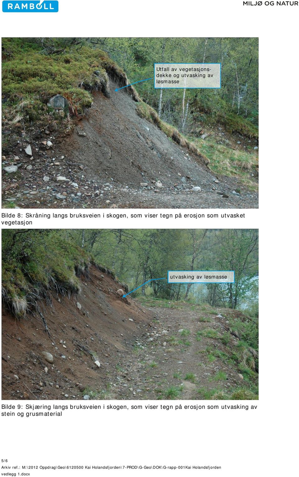 bruksveien i skogen, som viser tegn på erosjon som utvasking av stein og grusmaterial 5/6 Arkiv ref.
