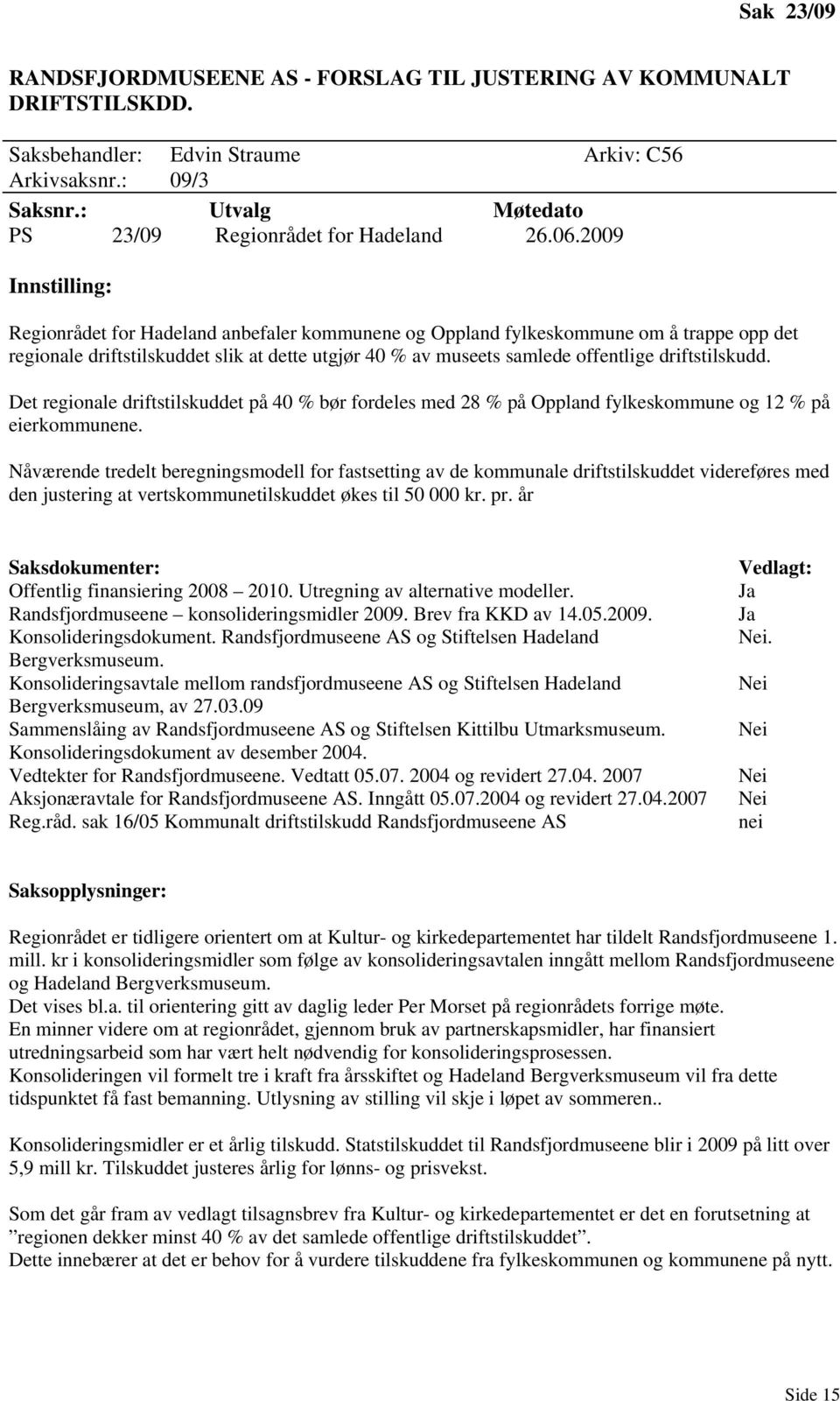 2009 Innstilling: Regionrådet for Hadeland anbefaler kommunene og Oppland fylkeskommune om å trappe opp det regionale driftstilskuddet slik at dette utgjør 40 % av museets samlede offentlige