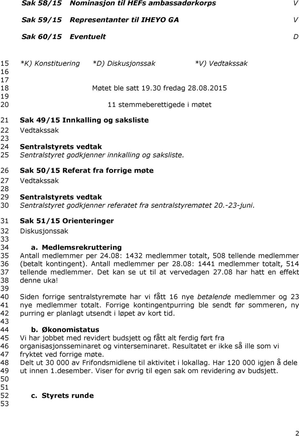 2015 11 stemmeberettigede i møtet Sak 49/15 Innkalling og saksliste Sentralstyret godkjenner innkalling og saksliste.