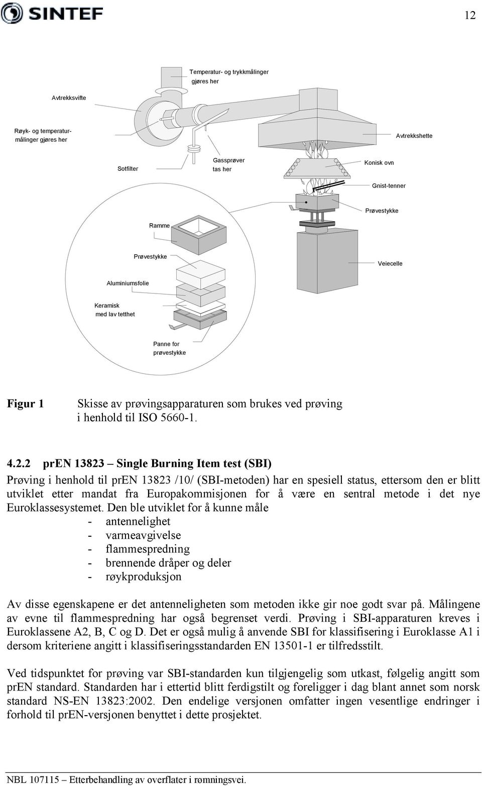 2 pren 13823 Single Burning Item test (SBI) Prøving i henhold til pren 13823 /10/ (SBI-metoden) har en spesiell status, ettersom den er blitt utviklet etter mandat fra Europakommisjonen for å være en