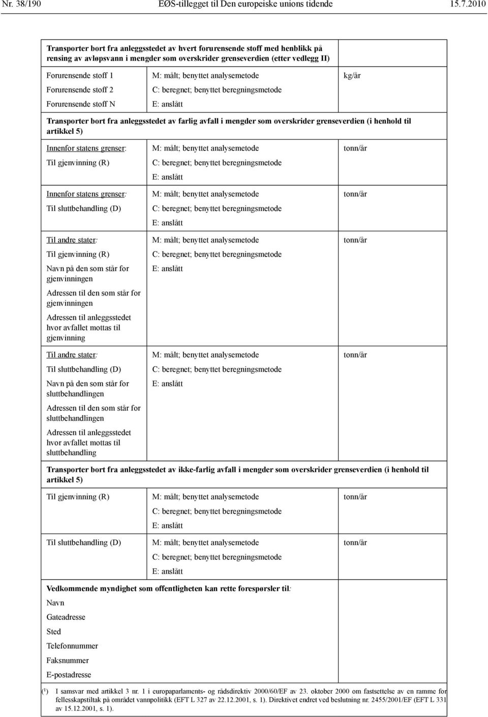 5) Innenfor statens grenser: Til gjenvinning (R) Innenfor statens grenser: Til sluttbehandling (D) Til andre stater: Til gjenvinning (R) Navn på den som står for gjenvinningen Adressen til den som