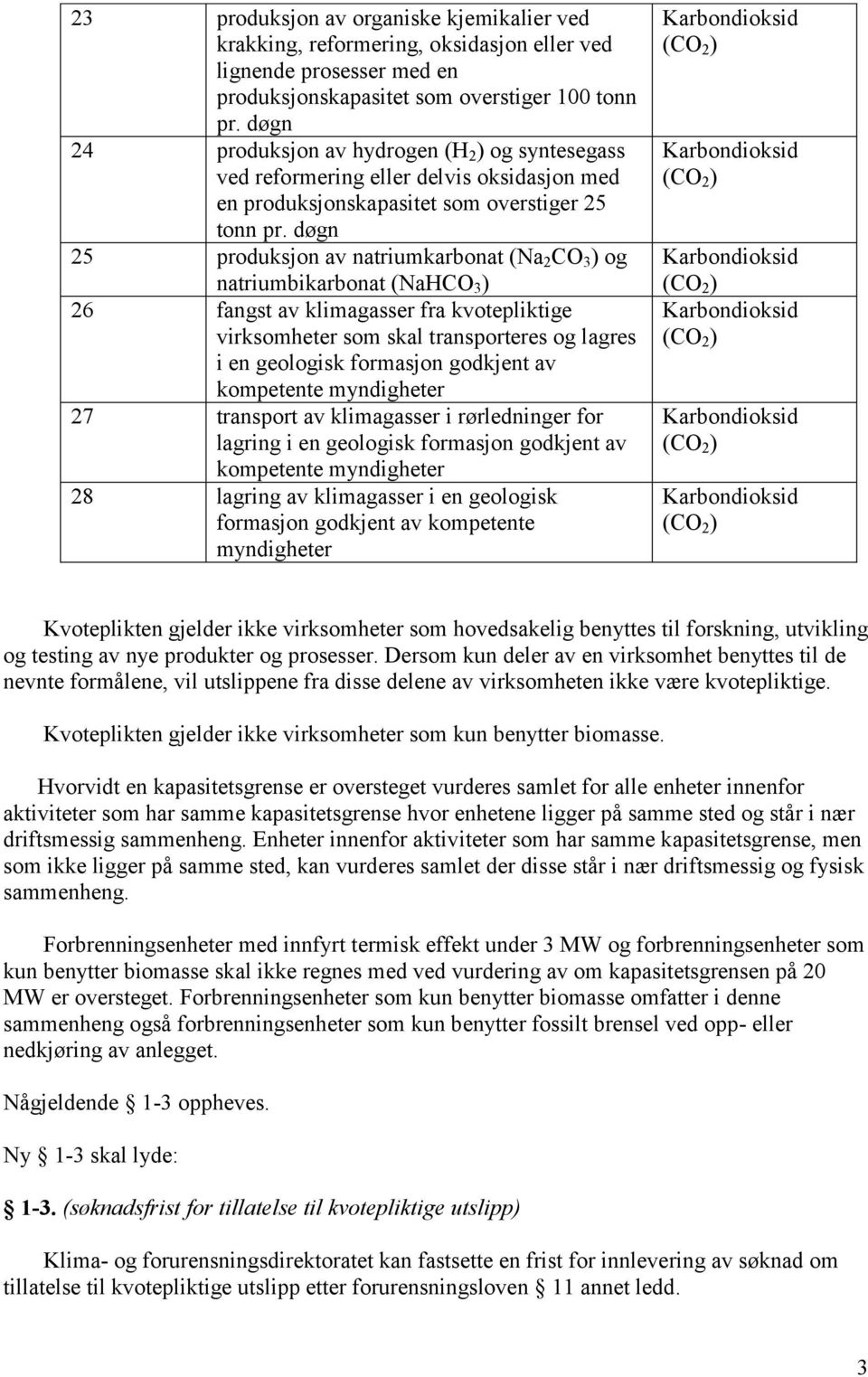 døgn 25 produksjon av natriumkarbonat (Na 2 CO 3 ) og natriumbikarbonat (NaHCO 3 ) 26 fangst av klimagasser fra kvotepliktige virksomheter som skal transporteres og lagres i en geologisk formasjon