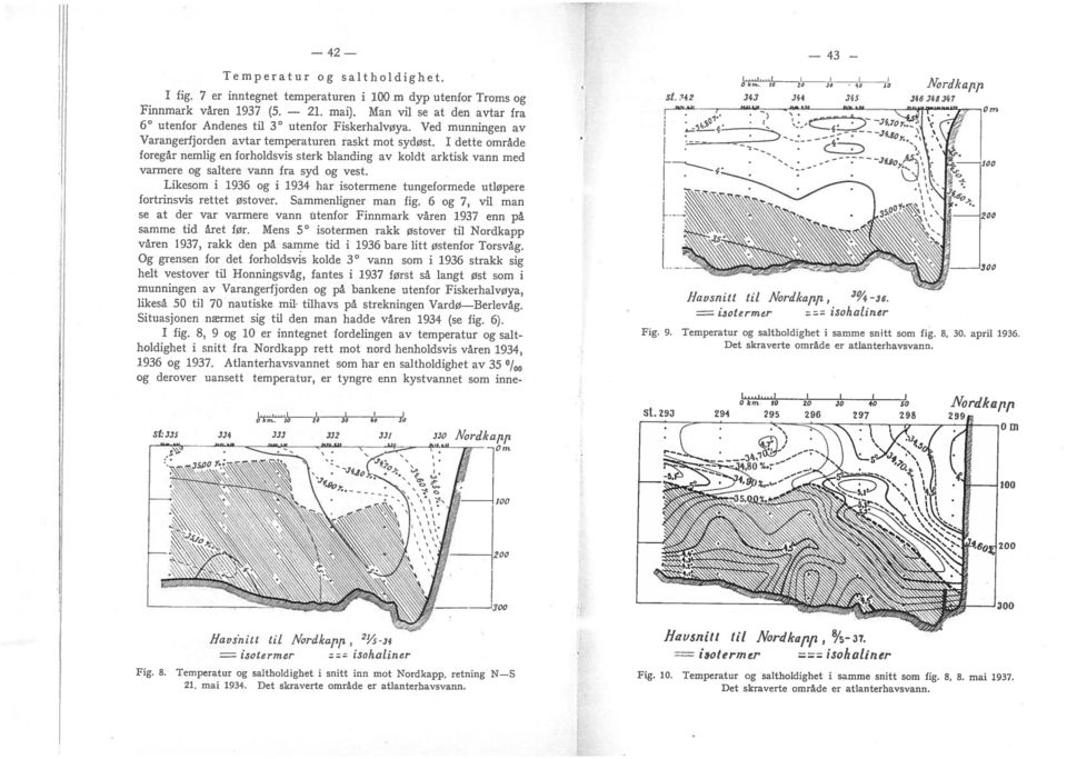 Lkesom 1936 1934 har sotermene tungeformede utløpere fortrnsvs rettet østover. Sammenlgner man fg. 6 7, vl man se at der var varmere vann ùtenfor Fnnmark våren 1937 enn på samme td året før.