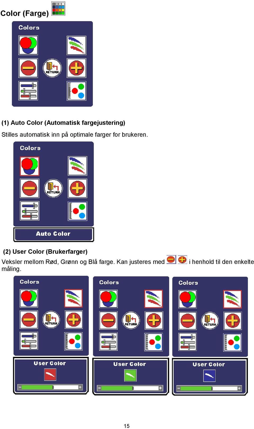 (2) User Color (Brukerfarger) Veksler mellom Rød, Grønn og