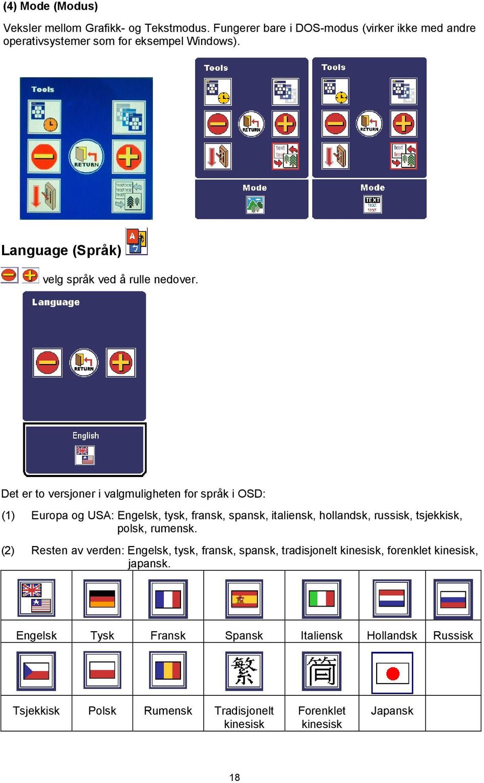 Det er to versjoner i valgmuligheten for språk i OSD: (1) Europa og USA: Engelsk, tysk, fransk, spansk, italiensk, hollandsk, russisk, tsjekkisk,