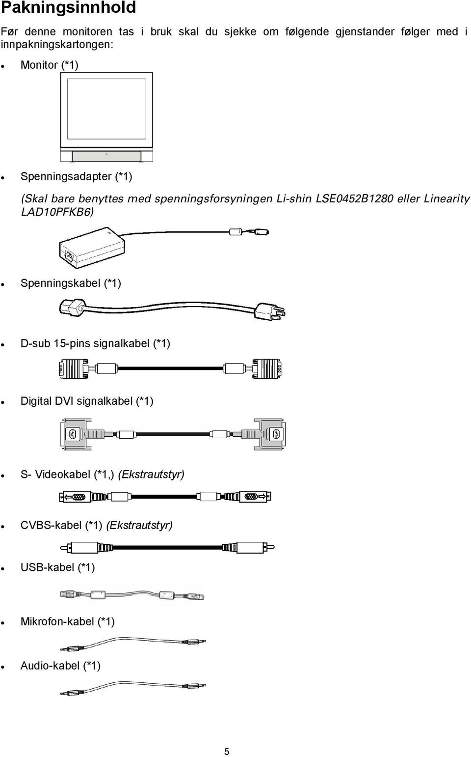 LSE0452B1280 eller Linearity LAD10PFKB6) Spenningskabel (*1) D-sub 15-pins signalkabel (*1) Digital DVI