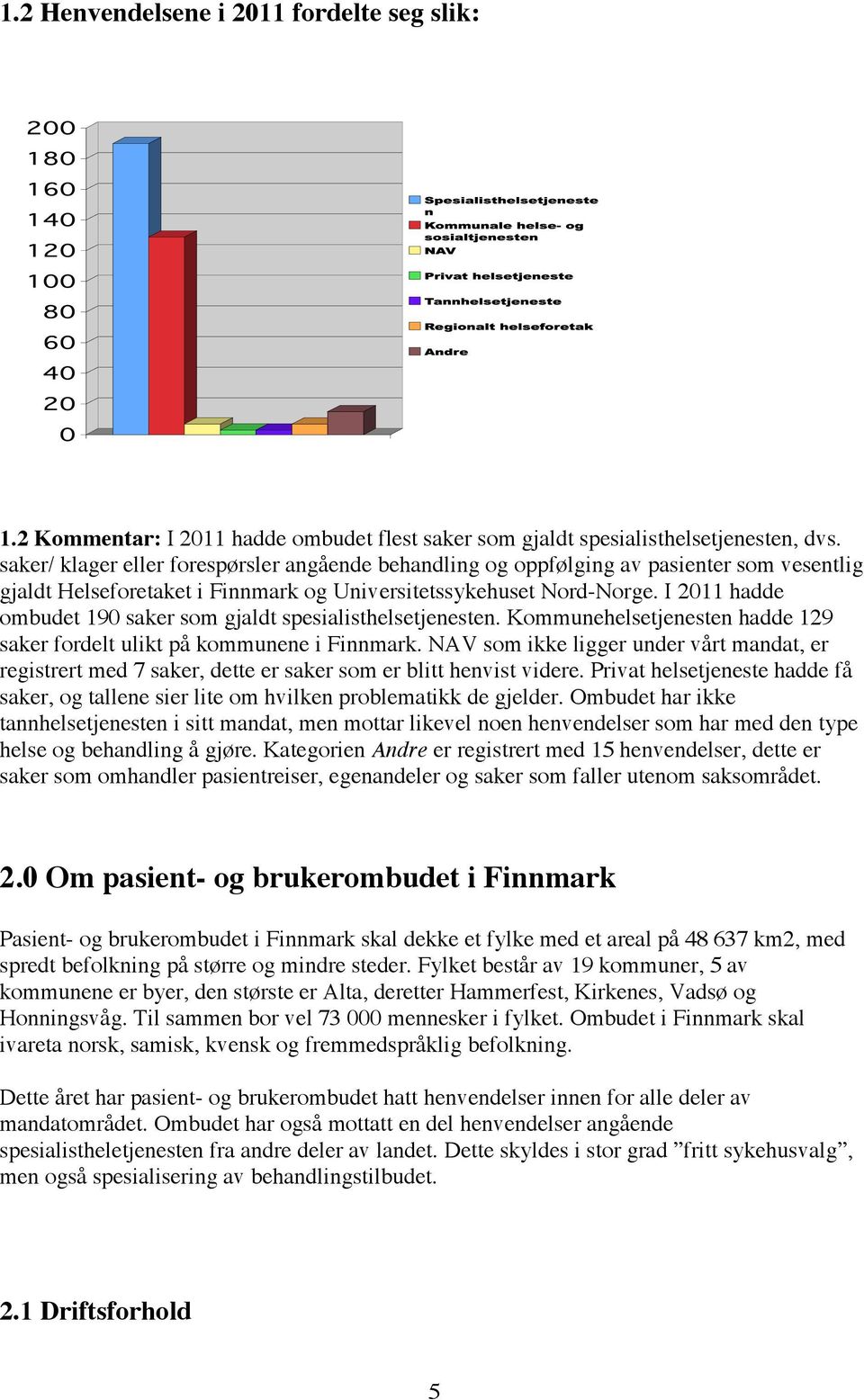 I 2011 hadde ombudet 190 saker som gjaldt spesialisthelsetjenesten. Kommunehelsetjenesten hadde 129 saker fordelt ulikt på kommunene i Finnmark.