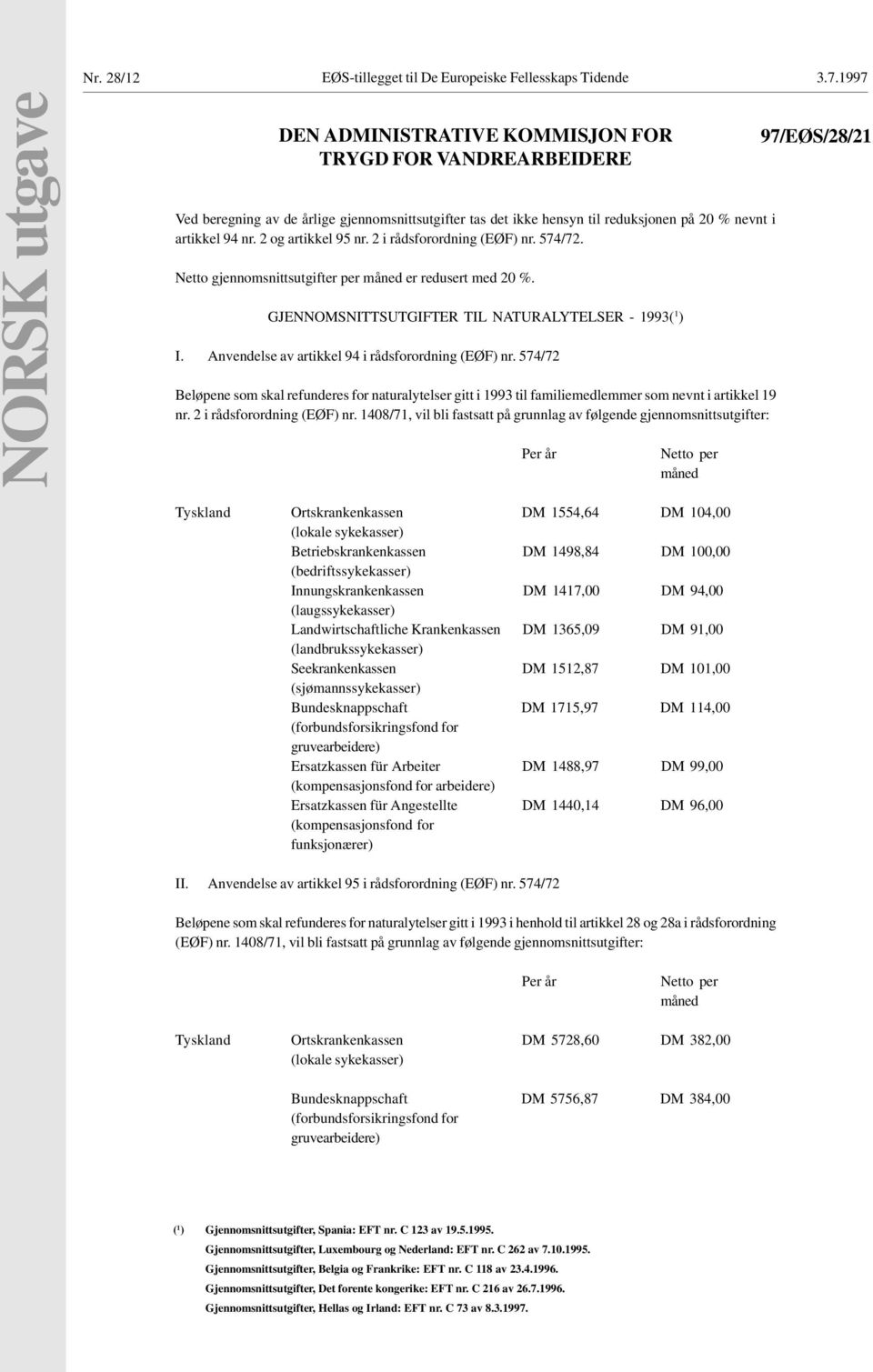 2 og artikkel 95 nr. 2 i rådsforordning (EØF) nr. 574/72. Netto gjennomsnittsutgifter per måned er redusert med 20 %. GJENNOMSNITTSUTGIFTER TIL NATURALYTELSER - 1993( 1 ) I.