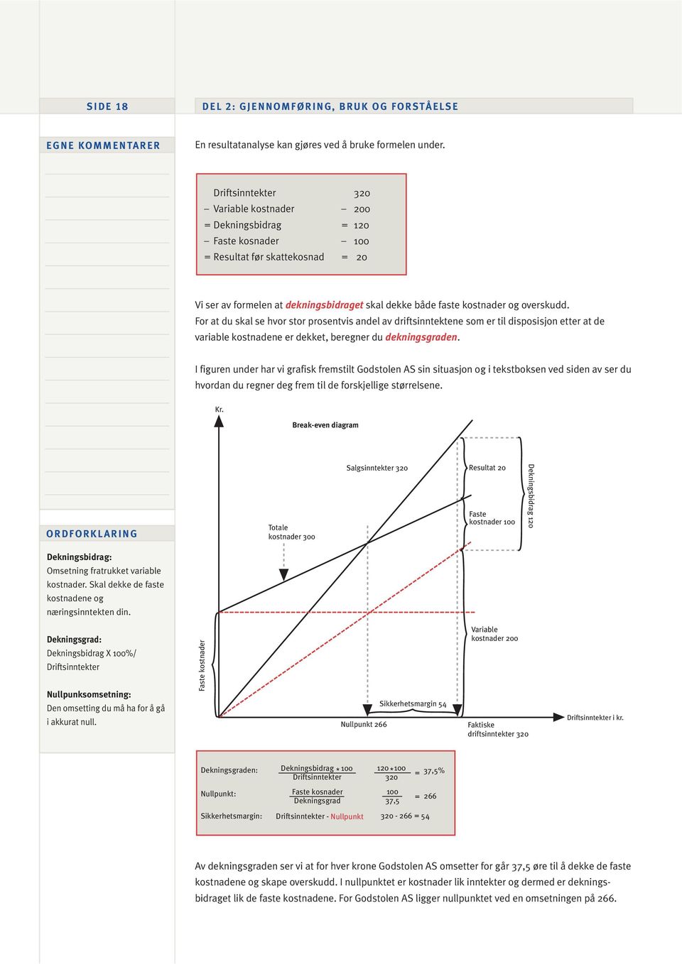 overskudd. For at du skal se hvor stor prosentvis andel av driftsinntektene som er til disposisjon etter at de variable kostnadene er dekket, beregner du dekningsgraden.