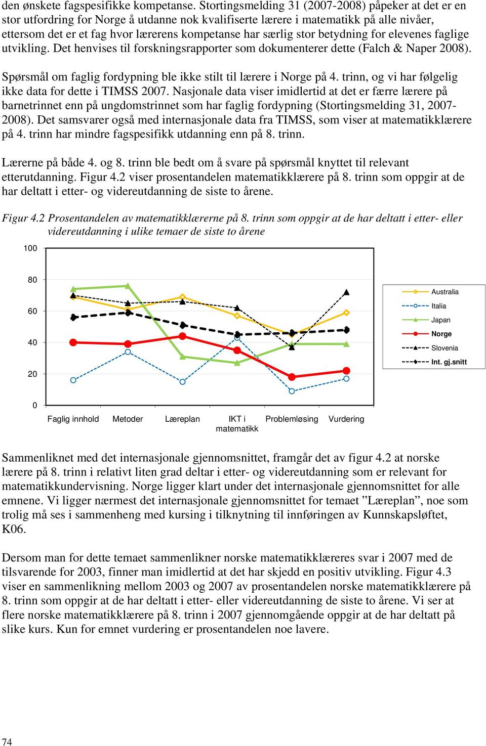 betydning for elevenes faglige utvikling. Det henvises til forskningsrapporter som dokumenterer dette (Falch & Naper 2008). Spørsmål om faglig fordypning ble ikke stilt til lærere i på 4.