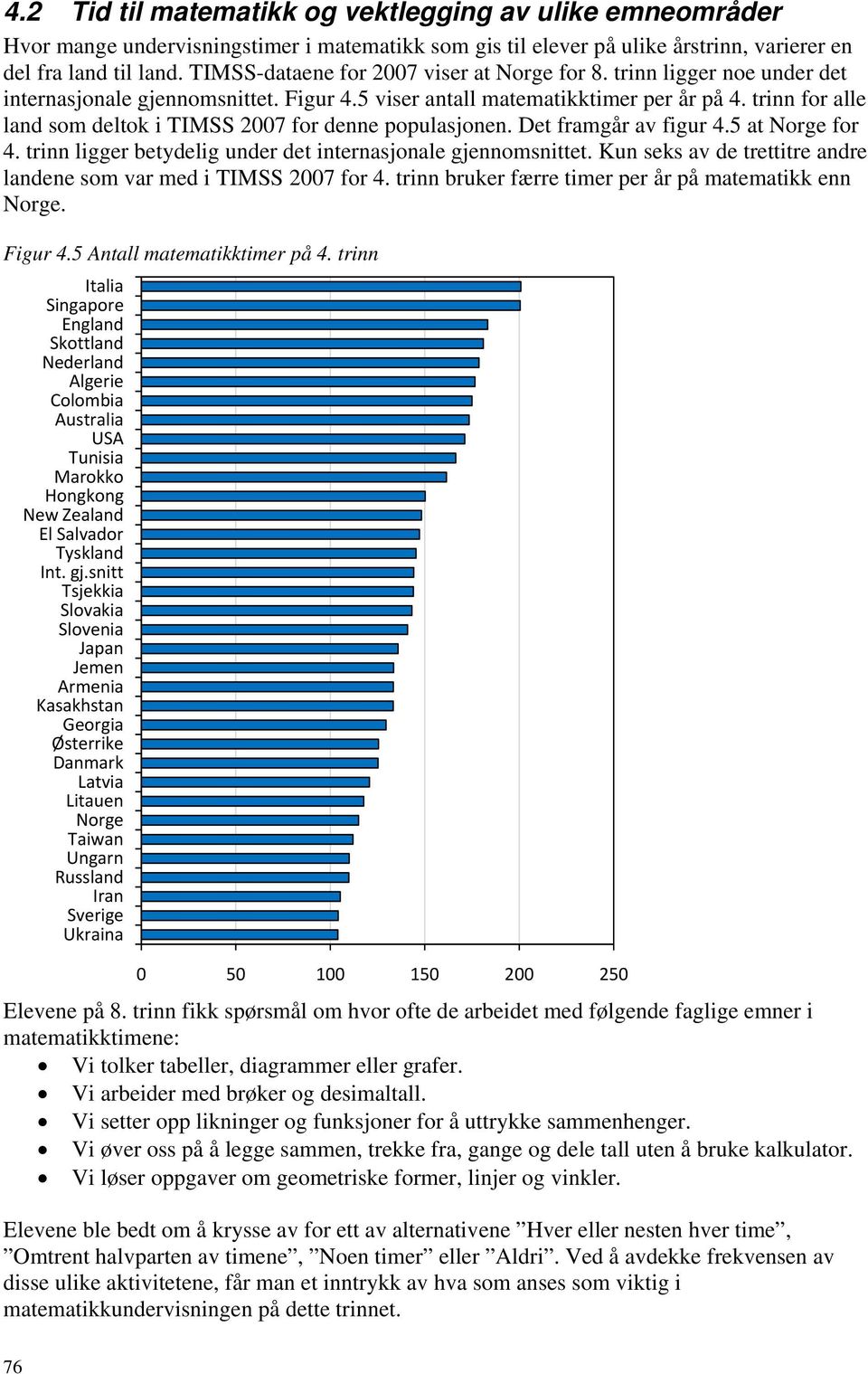 trinn for alle land som deltok i TIMSS 2007 for denne populasjonen. Det framgår av figur 4.5 at for 4. trinn ligger betydelig under det internasjonale gjennomsnittet.