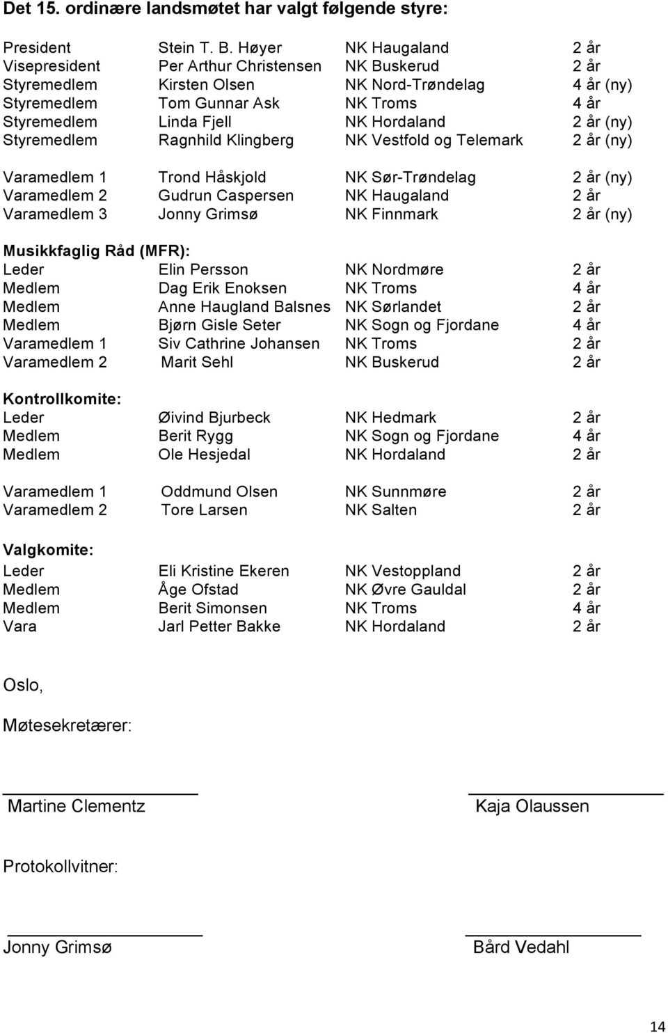 Hordaland 2 år (ny) Styremedlem Ragnhild Klingberg NK Vestfold og Telemark 2 år (ny) Varamedlem 1 Trond Håskjold NK Sør-Trøndelag 2 år (ny) Varamedlem 2 Gudrun Caspersen NK Haugaland 2 år Varamedlem