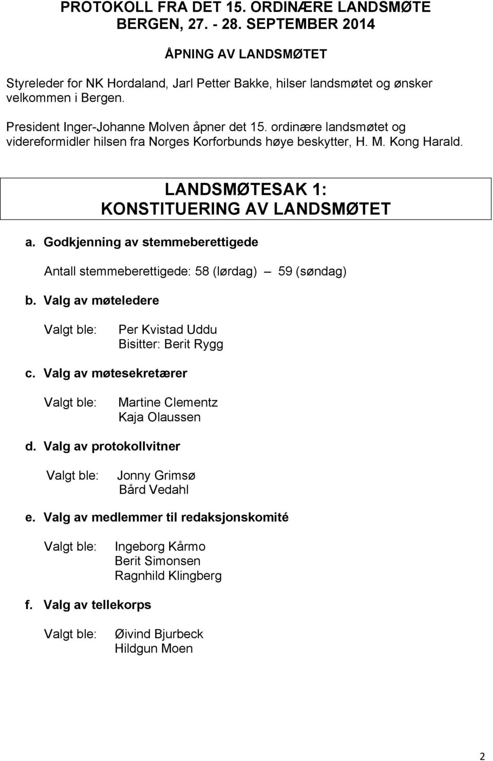 Godkjenning av stemmeberettigede Antall stemmeberettigede: 58 (lørdag) 59 (søndag) b. Valg av møteledere Valgt ble: Per Kvistad Uddu Bisitter: Berit Rygg c.