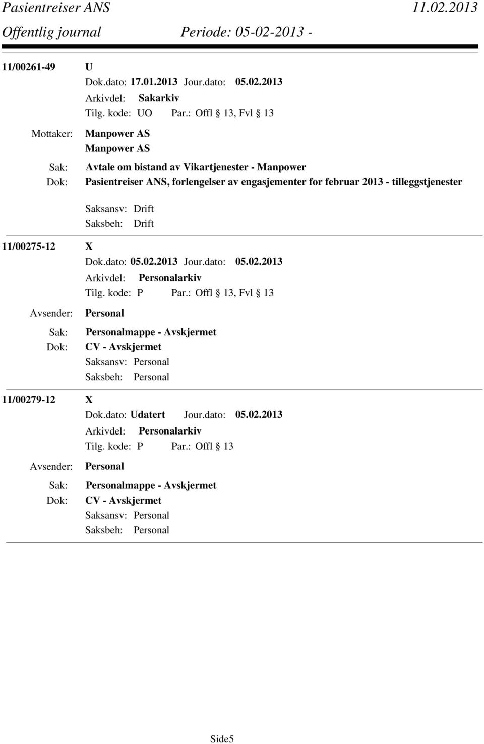 2013 Avtale om bistand av Vikartjenester - Manpower Pasientreiser ANS, forlengelser av