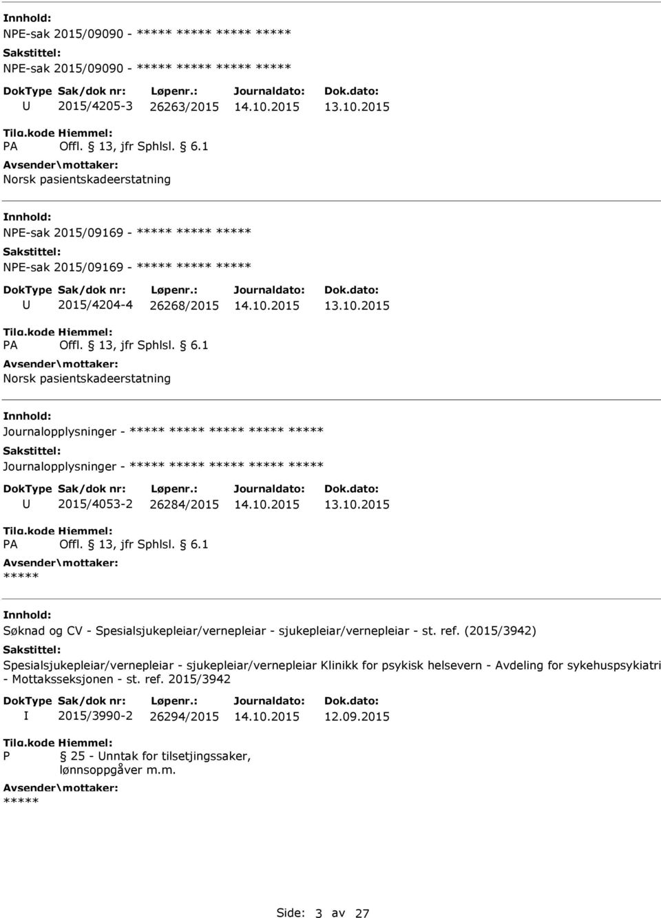 2015 nnhold: Journalopplysninger - Journalopplysninger - A 2015/4053-2 26284/2015 13.10.