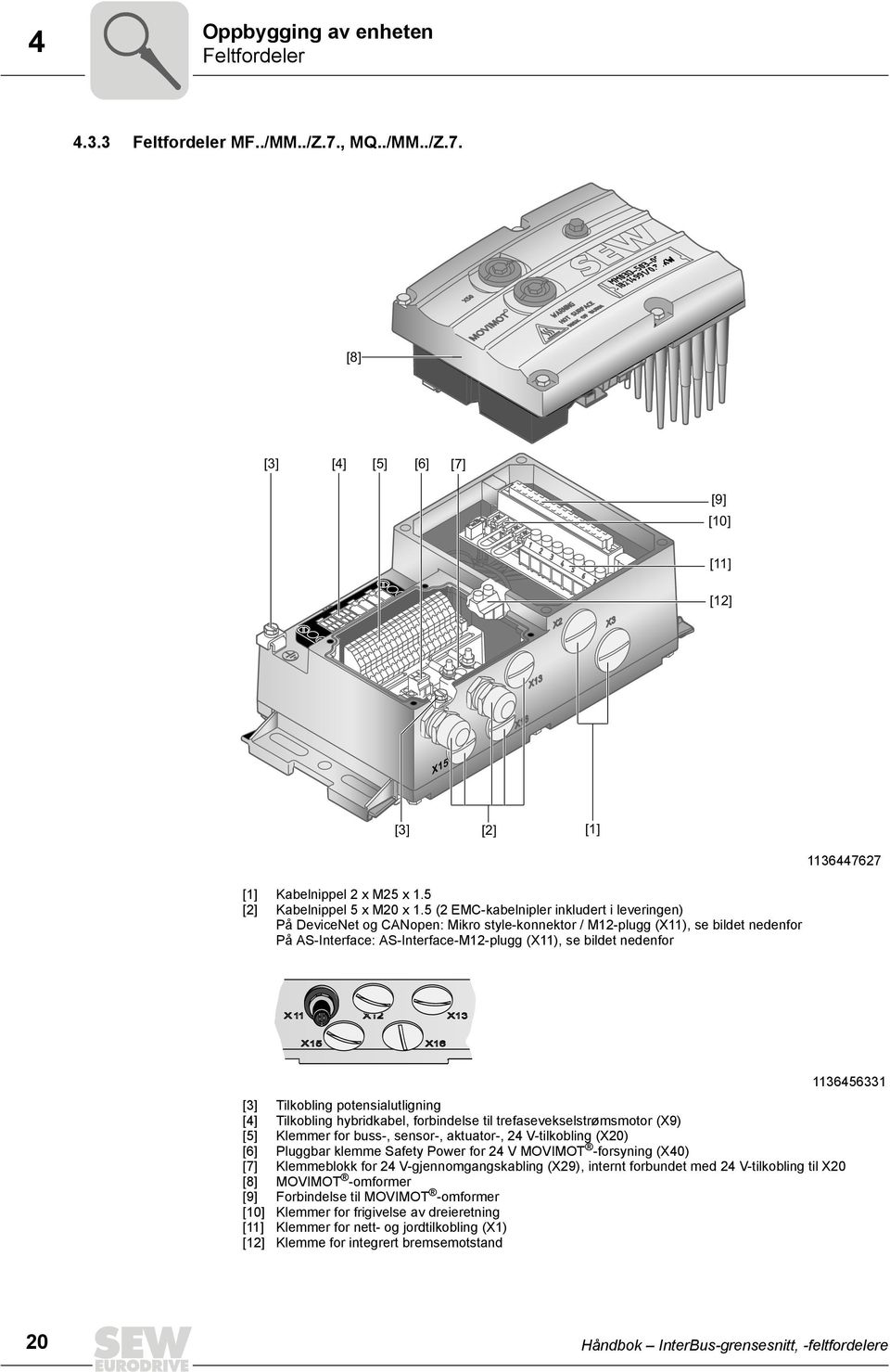 5 (2 EMC-kabelnipler inkludert i leveringen) På DeviceNet og CANopen: Mikro style-konnektor / M12-plugg (X11), se bildet nedenfor På AS-Interface: AS-Interface-M12-plugg (X11), se bildet nedenfor [3]