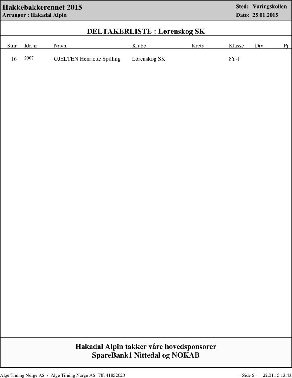 15 13:43 DELTAKERLISTE : Lørenskog SK 16