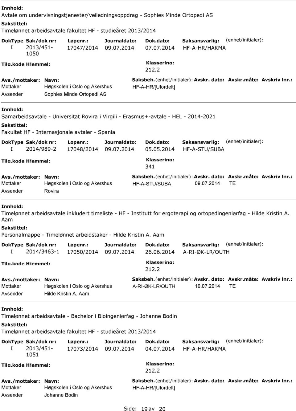 : Mottaker Høgskolen i Oslo og Akershus HF-A-HR/[Ufordelt] Avsender Sophies Minde Ortopedi AS nnhold: Samarbeidsavtale - Universitat Rovira i Virgili - Erasmus+-avtale - HEL - 2014-2021 Fakultet HF -