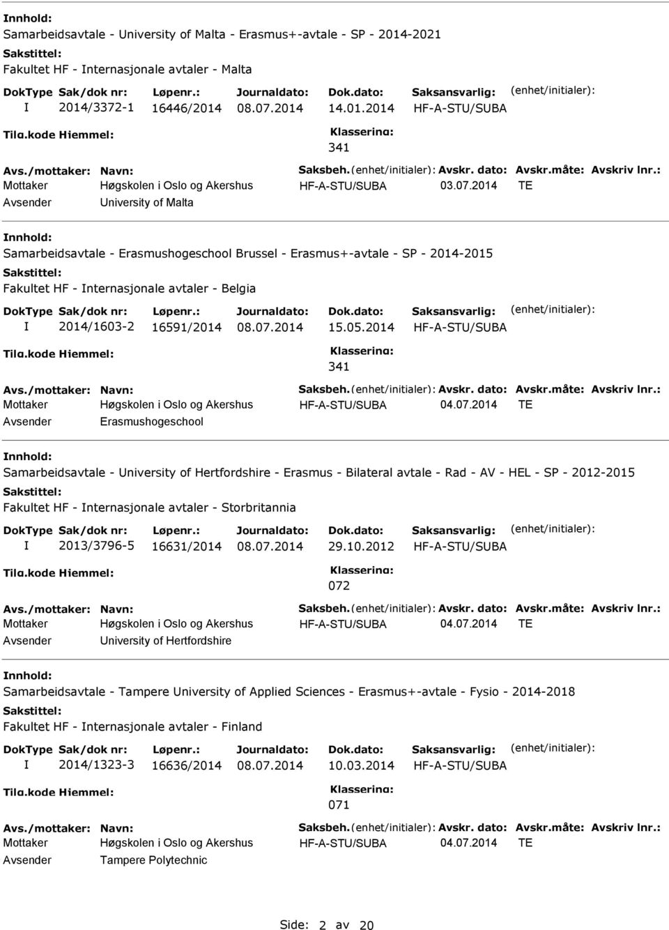 2014 TE Avsender University of Malta nnhold: Samarbeidsavtale - Erasmushogeschool Brussel - Erasmus+-avtale - SP - 2014-2015 Fakultet HF - nternasjonale avtaler - Belgia 2014/1603-2 16591/2014 15.05.