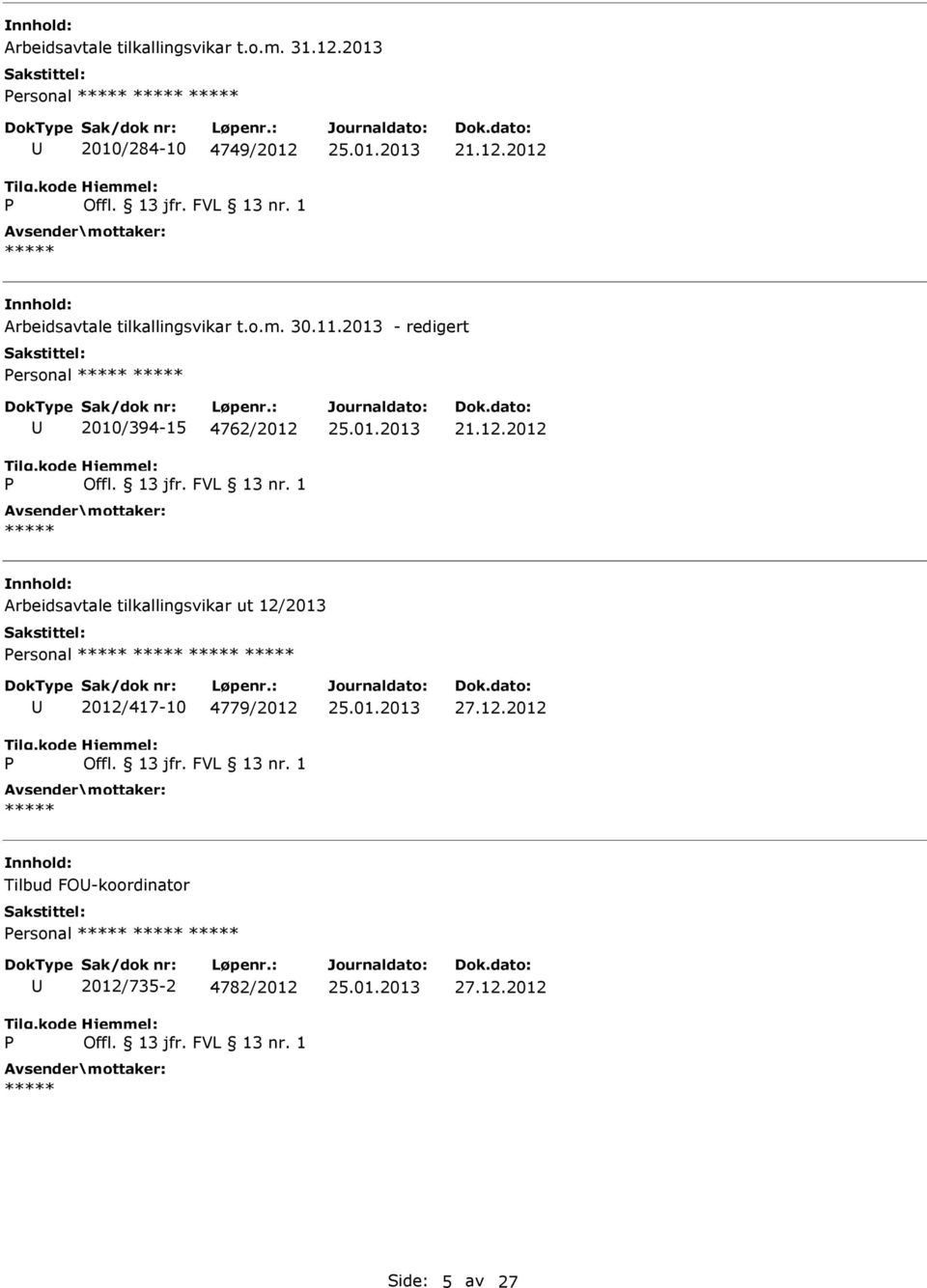 21.12.2012 Arbeidsavtale tilkallingsvikar ut 12/2013 ersonal 2012/417-10 4779/2012 27.