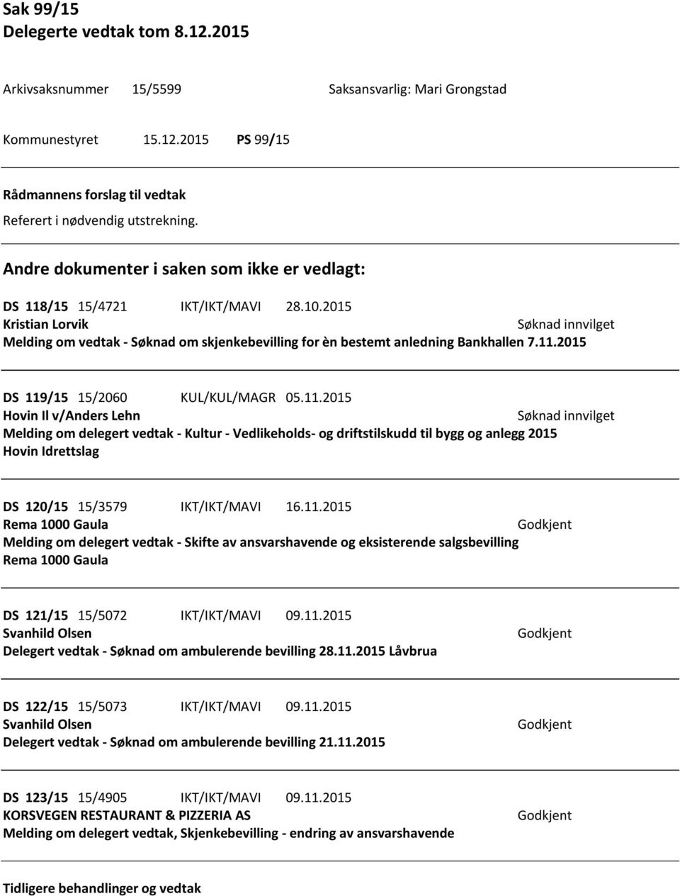 2015 Kristian Lorvik Søknad innvilget Melding om vedtak - Søknad om skjenkebevilling for èn bestemt anledning Bankhallen 7.11.