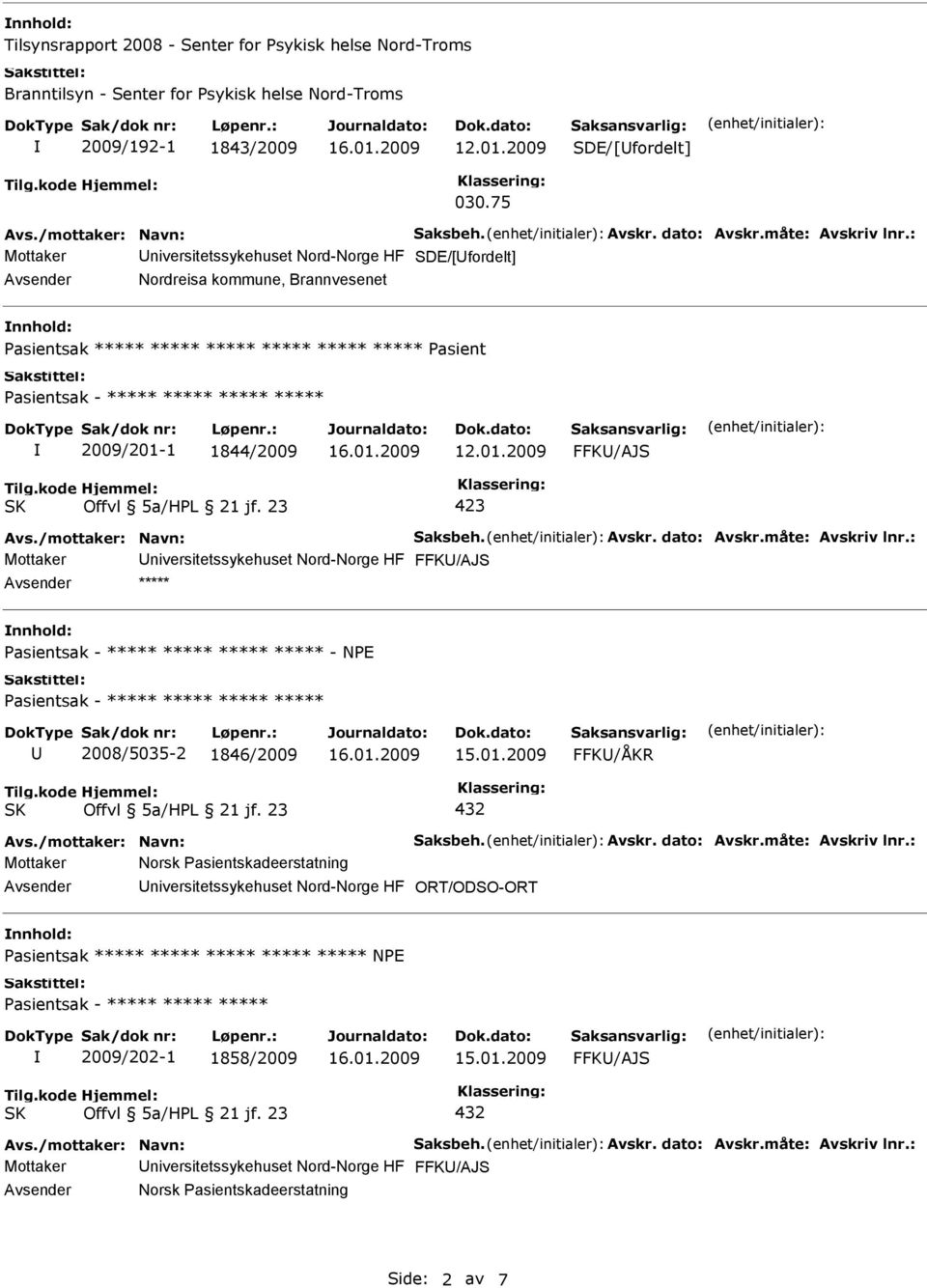 måte: Avskriv lnr.: Mottaker FFK/AJS ***** - NPE 2008/5035-2 1846/2009 15.01.2009 FFK/ÅKR Avs./mottaker: Navn: Saksbeh. Avskr. dato: Avskr.måte: Avskriv lnr.: Mottaker Norsk Pasientskadeerstatning ORT/ODSO-ORT Pasientsak ***** ***** ***** ***** ***** NPE Pasientsak - ***** ***** ***** 2009/202-1 1858/2009 15.